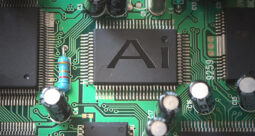 Concept are of computer components around the word AI