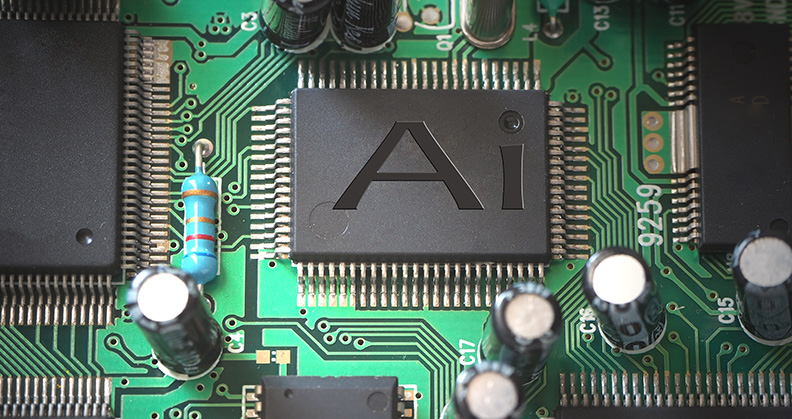 Concept are of computer components around the word AI