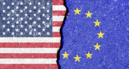 Graphic of the US and EU flags with a divide in the middle