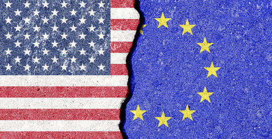 Graphic of the US and EU flags with a divide in the middle