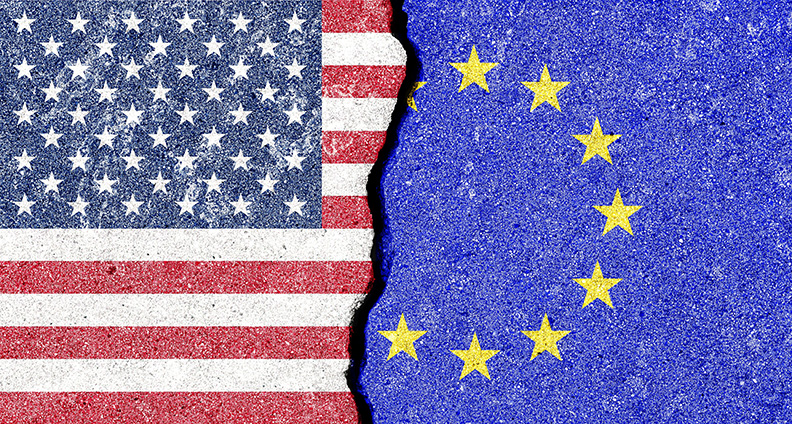 Graphic of the US and EU flags with a divide in the middle
