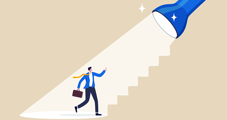 graphic of a man walking up stairs in the path of a flashlight