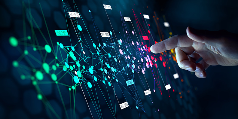 Concept art of a pointing finger touching colorful data points on a black screen