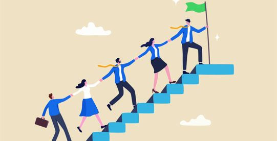 Concept art of business people holding hands and walking up stairs