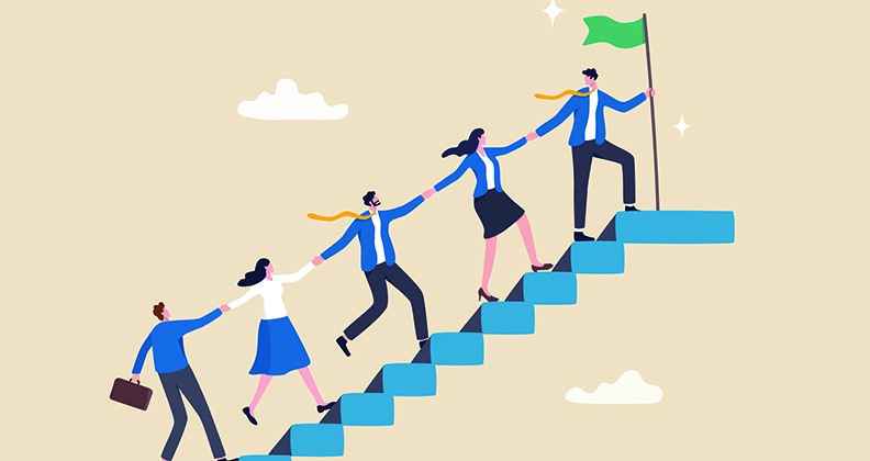 Concept art of business people holding hands and walking up stairs