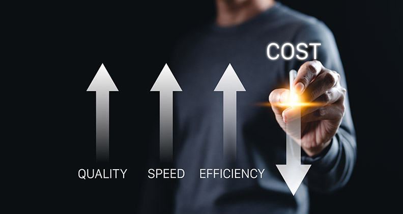 Stock art showing three arrows pointing up for quality, speed and efficiency and one arrow pointing down for cost