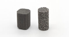 Two gray 3D-printed implants standing upright against a white background.