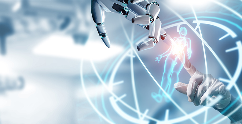 A robotic hand meeting a surgeon's hand at a patient