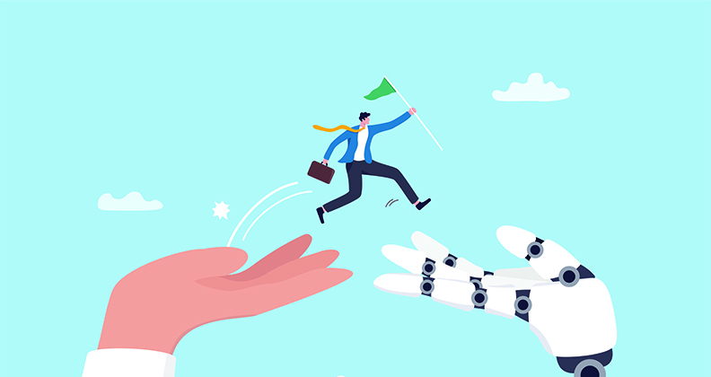 Cartoon image of a man jumping between human robot hands