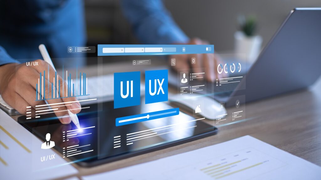 Concept art showing someone working at a keyboard with UI and UX superimposed on the image