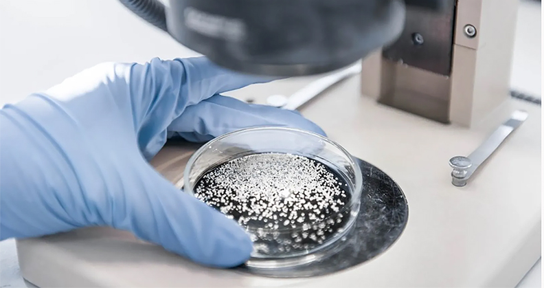 Blue gloved hand holding CAM Bioceramics material under a scope