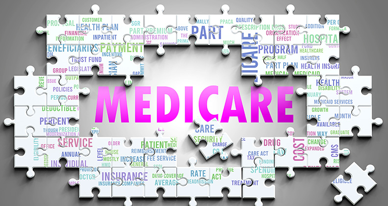 The word Medicare in the middle of incomplete puzzle pieces