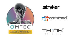 OMTEC winners badge with Stryker, Carlsmed and THINK Surgical logos