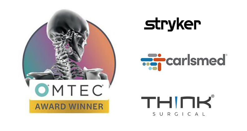 OMTEC winners badge with Stryker, Carlsmed and THINK Surgical logos