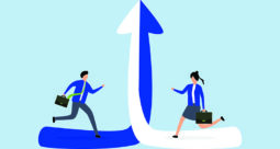 Two business people running up blue and white intertwined arrows