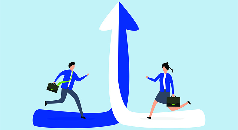 Two business people running up blue and white intertwined arrows