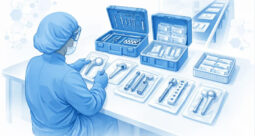 Illustration of a scrubbed tech compiling instruments into a tray